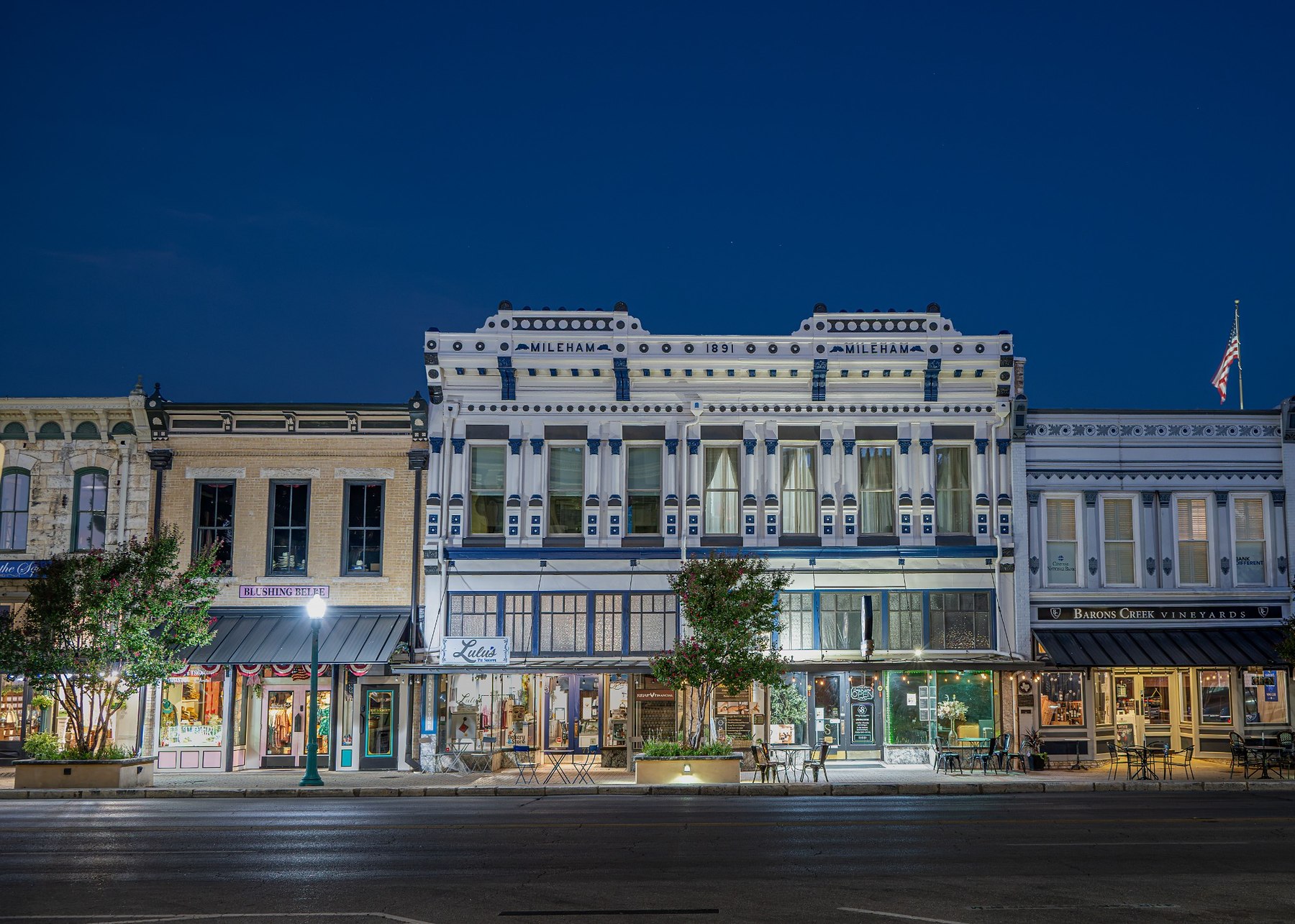 Historic Mileham Building at blue hour in downtown Georgetown Texas
