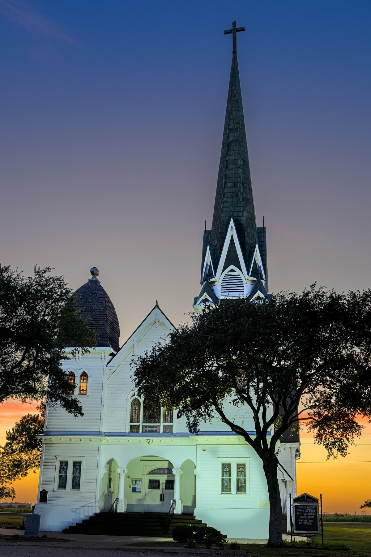 New Sweden Lutheran Church at sunset in Central Texas