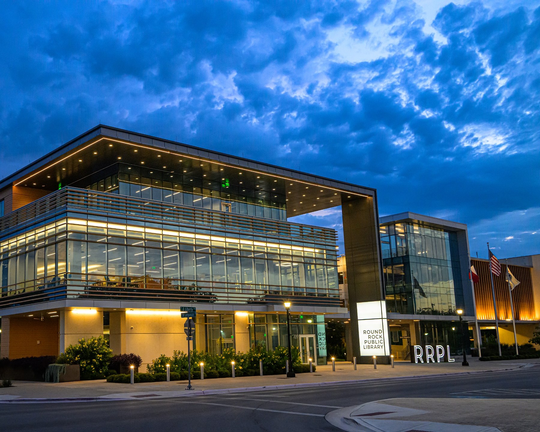 Round Rock Public Library illuminated at blue hour in Round Rock Texas